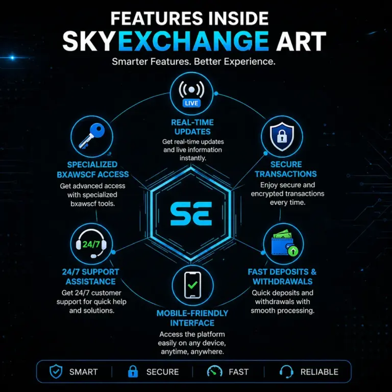 Skyexchange platform features explained with real-time updates, secure transactions, fast processing, and 24/7 support infographic