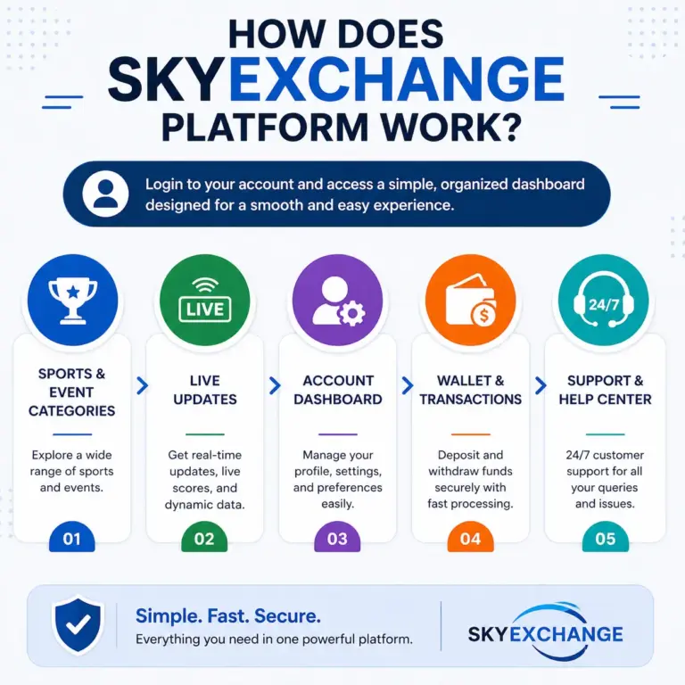 How Skyexchange platform works infographic with login steps, live data, account management, secure payments, and support