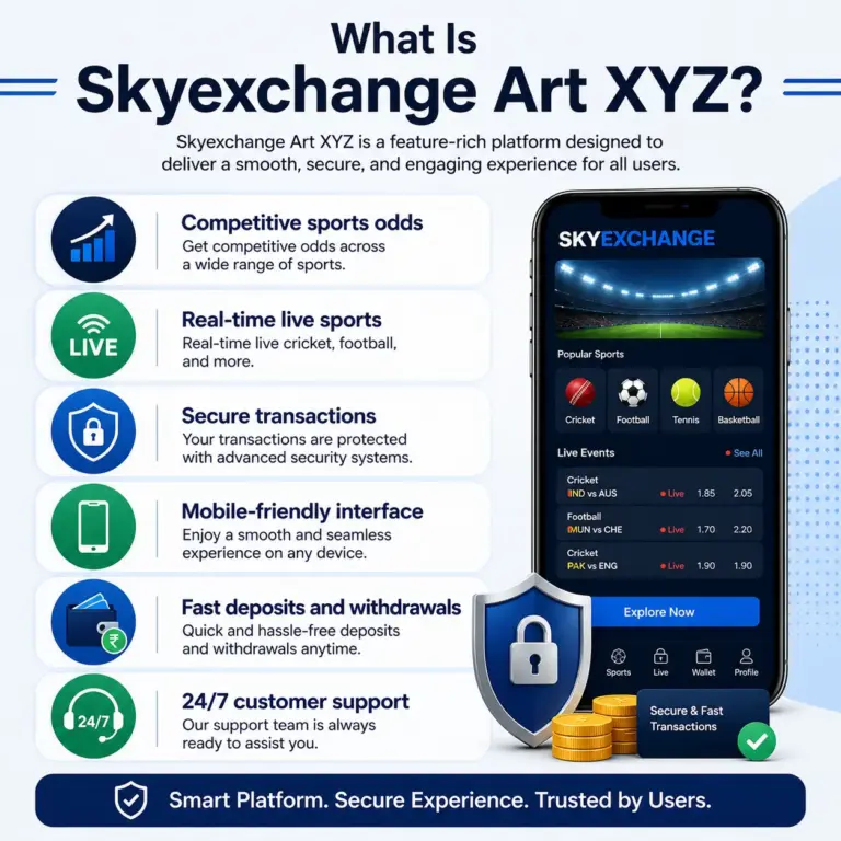 Skyexchange platform infographic highlighting real-time sports updates, secure transactions, mobile access, fast deposits and withdrawals, and customer support