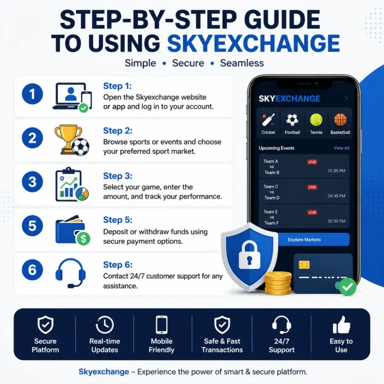 Skyexchange guide with steps for login, exploring events, selecting options, secure transactions, and customer support access