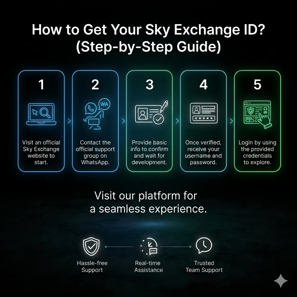 A step-by-step infographic guide on how to get a Sky Exchange ID, featuring five numbered icons on a dark background. The steps include visiting the website, contacting WhatsApp support, providing information, receiving credentials, and logging in.