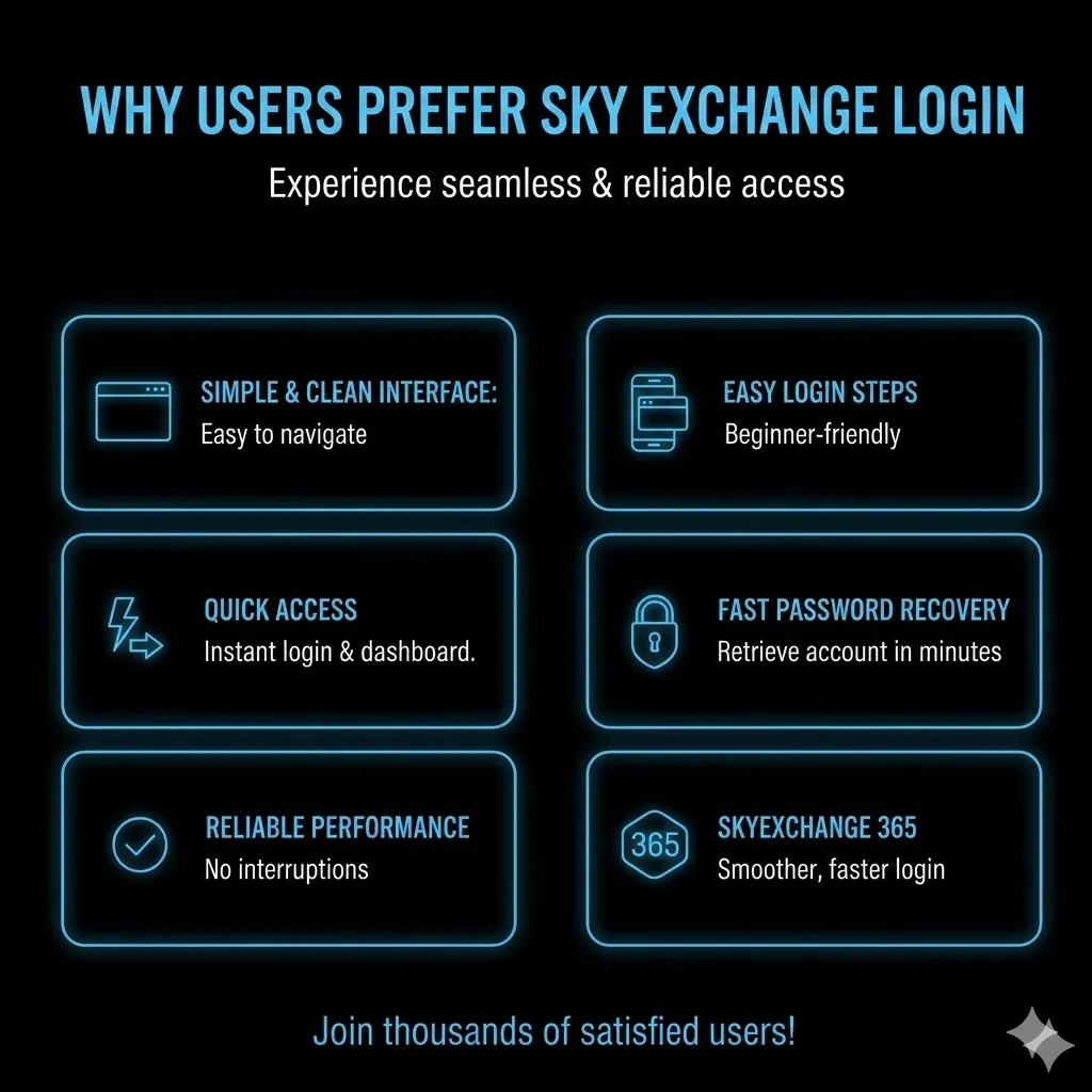 "Why Users Prefer Sky Exchange Login" including "Simple & Clean Interface," "Quick Access," "Reliable Performance," "Easy Login Steps," "Fast Password Recovery," and "SkyExchange 365."