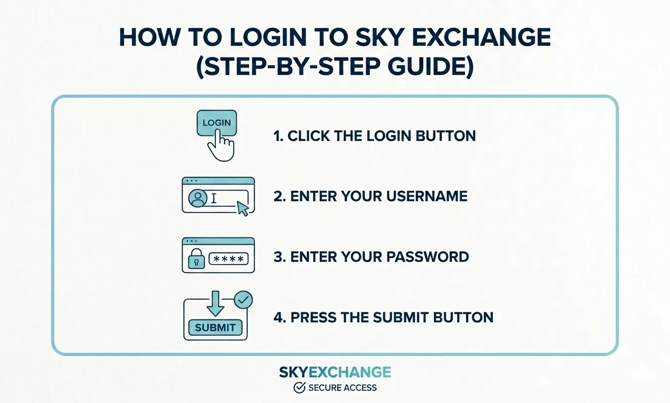A step-by-step vector infographic showing the login process for Sky Exchange, featuring four light blue-framed steps. It details clicking the login button, entering username and password into a secure browser form, and pressing the submit button for access.